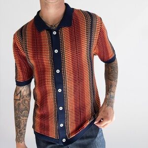 Navy and Sunset Orange Crochet Button Up Shirt Size XL